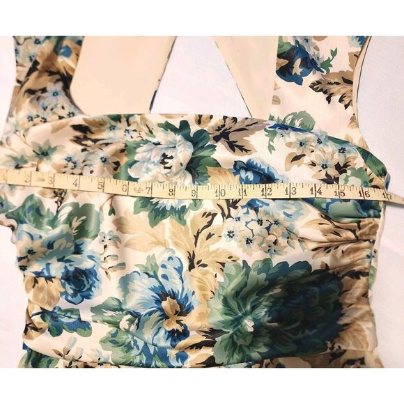 Donna Ricco Blue Green Tan Floral Square Neck Ruche Womens Dress Size 12 - Picture 11 of 13